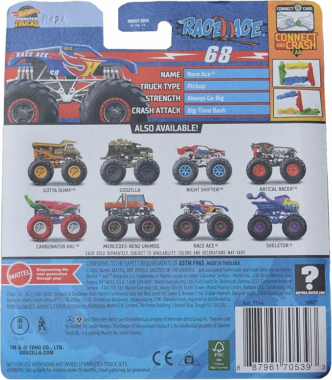 Hot Wheels Monster Trucks Race Ace, 2023 Connect and Crash Car