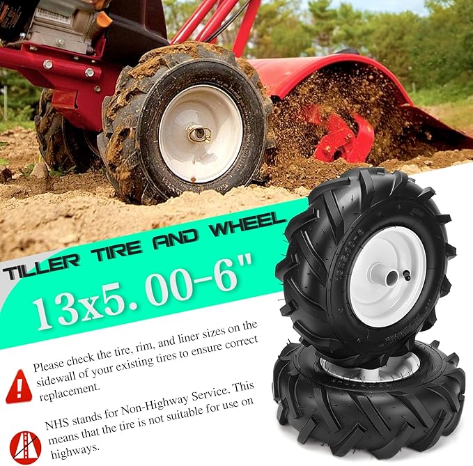 13x5.00-6" Tiller Tires and Wheels, (2-Pack 1" Axle Bore, 3-1/8" Centered Hub) 13x5.00-6" Tiller Tires Replacement for Craftsman & Troy-Bilt Garden Tractors, Tillers & Trenchers