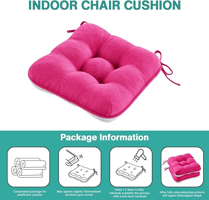 BETU Chair Cushions for Dining Chairs Set of 4,3.5" Thick Kitchen Table Chair Pads with Ties,Non Slip Backing and Covers, Seat Cushion for Dining Room,Bar,Patio Chairs,15.5"X15.5"X3.5",Hot Pink