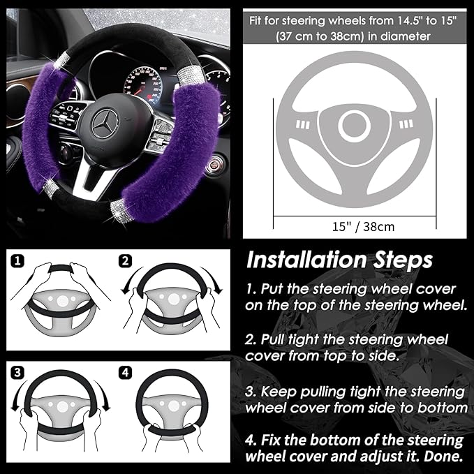 Achiou Rhinestone Fluffy Steering Wheel Cover - Comfortable Non-Slip Luxury Faux Wool, Universal Fit for 14.5" to 15" Steering Wheels