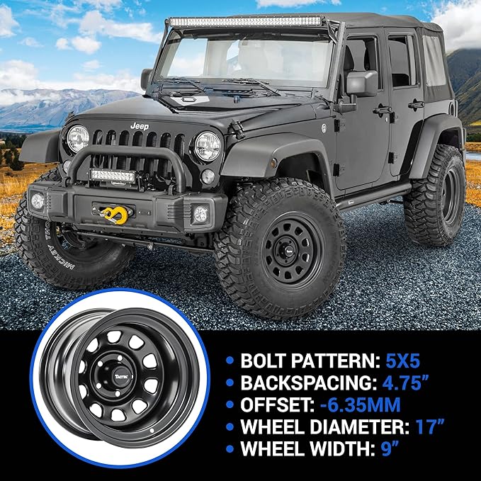 TACTIK D Window Classic 17 Inch Solid Steel Wheel - 5x5 Bolt Pattern, 17x9 (-6.35mm Offset), 4.75 Inch Backspace - Satin Black Finish - Fits Jeep Wrangler JK 2007-2022, JL and 2020 Jeep Gladiator JT