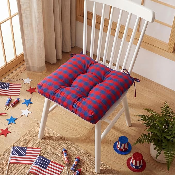 Geetery 4 Pack Chair Cushions for Dining Chairs, 16" x 15" Red and Blue Kitchen Chair Cushions with Ties Buffalo Plaid Soft Comfy Seat Pads for Home Office Living Room Outdoor Indoor