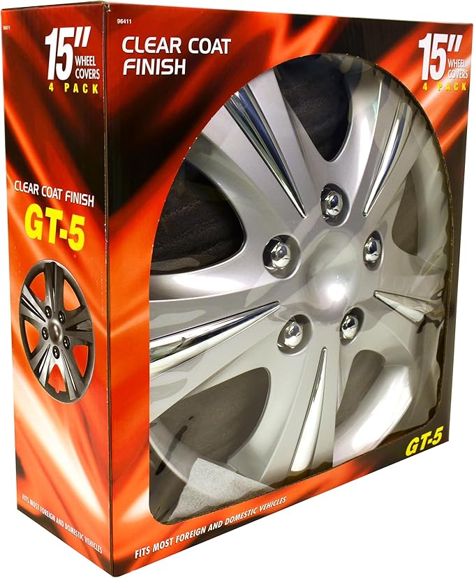 Custom Accessories 4-Pack 15" SGT-5 Wheel Covers, Replacement Hubcaps for Cars, Trucks, SUVs — Silver/Chrome