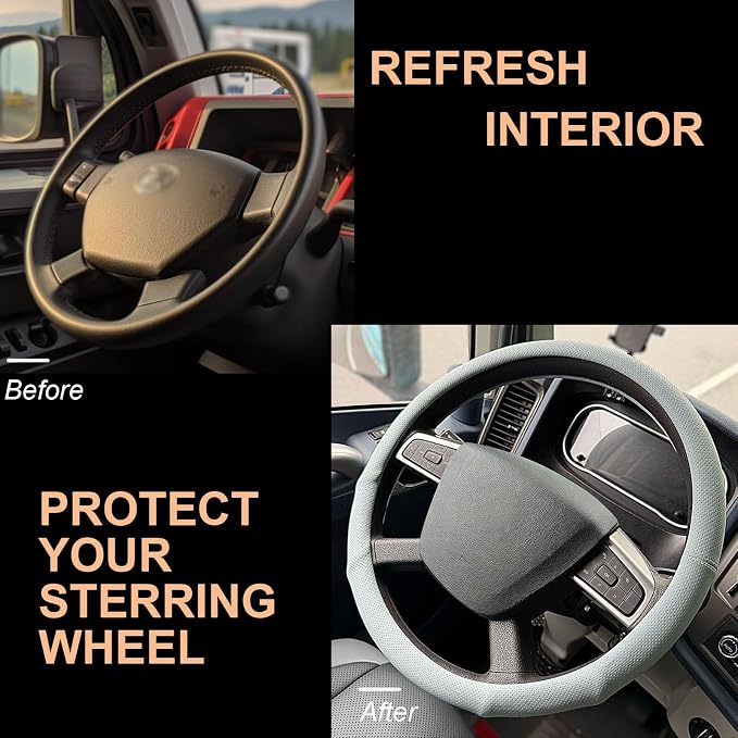 PINCTROT XL 17.5-18in Nappa Leather Supported Grip Steering Wheel Cover for Semi Truck, Fits RV, Big Rig Trucker, 18 Wheeler and Classic Cars, Anti-Slip Slim Perforated Design 17.5-18 Inch (Ice Blue)