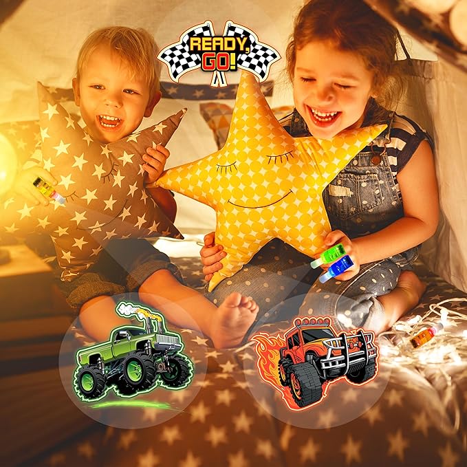 24PCS Monster Truck Party Favors-LED Finger Lights:Glow-in-the-Dark Light-Up Toys Bulk for Kids,Monster Jam Birthday Party Decorations Supplies, Party Goodie Bags, Classroom Prizes, Fun Gifts