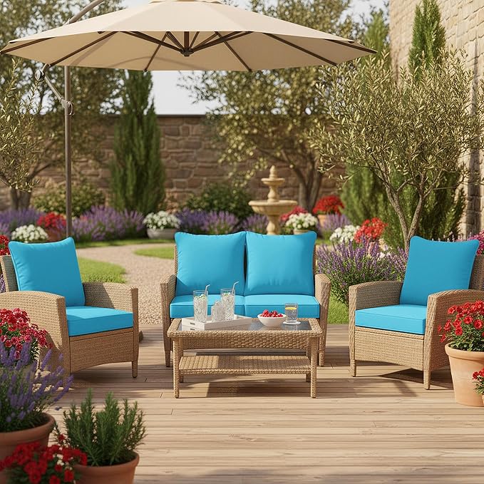 Summsun Waterproof Outdoor Cushions for Patio Furniture, Fade Resistant Backrest and Deep Seat Cushion Set with Removable Cover, 24 x 24 Inch, Teal, Set of 4