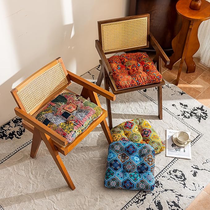 vctops Boho Geometric Chair Cushions with Ties U-Shaped Soft Cozy Cotton Linen Chair Pads Non Slip Seat Cushions for Indoor Dining Room and Kitchen Chairs (Blue,18"x18")