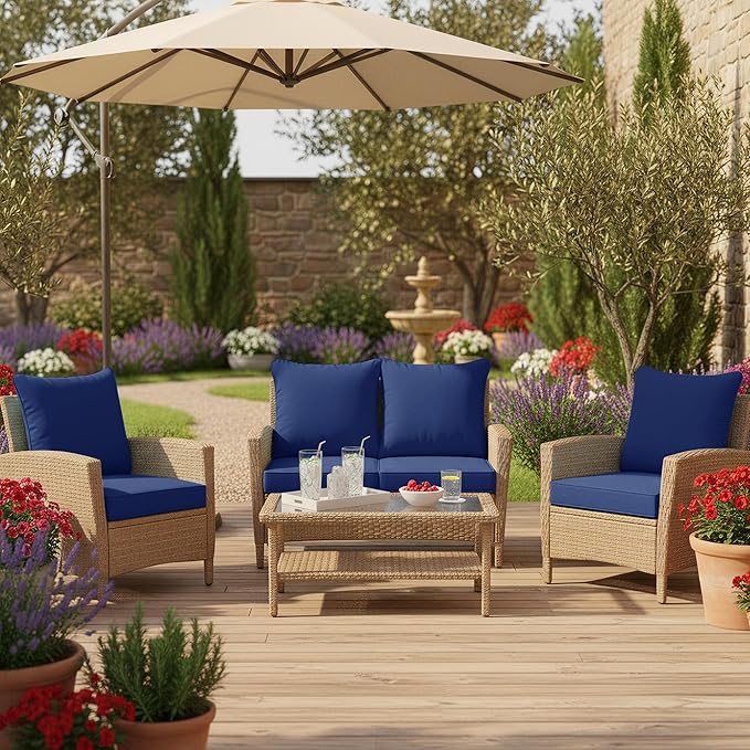 Summsun Outdoor Chair Cushions Set of 4, Waterproof Backrest and Deep Seat Cushion Set for Patio Furniture, Outdoor Replacement Cushions with Removable Cover, 22 x 22 Inch, Navy