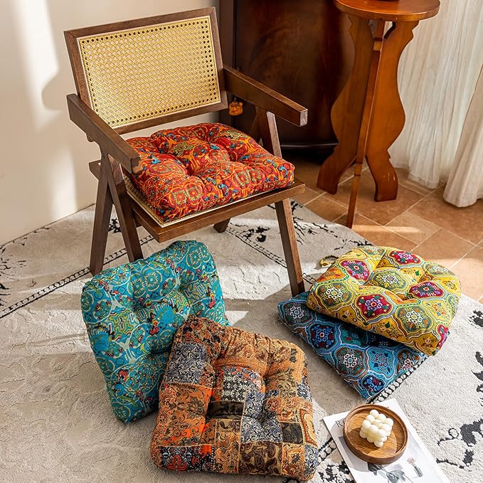 vctops Boho Geometric Chair Cushions with Ties U-Shaped Soft Cozy Cotton Linen Chair Pads Non Slip Seat Cushions for Indoor Dining Room and Kitchen Chairs (Orange,18"x18")