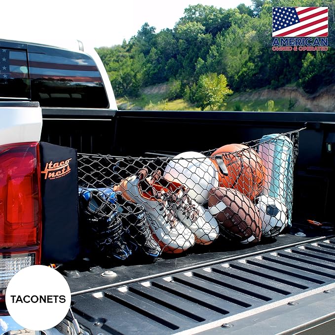 Envelope Cargo Net for Toyota Tacoma - Fits 2005-Current - Patented Bed Rail Integration - Upgraded 5mm Bungee - Integrated Storage Bag - Heavy Duty Carabiners - Designed in USA