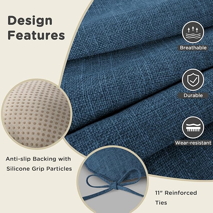 AddGrace Chair Cushions for Dining Chairs Set of 2 Kitchen Seat Cushions with Ties and Non Slip Backing Tufted Indoor Seat Pad for Kitchen Dining Room 18" x 17" x 3" Navy