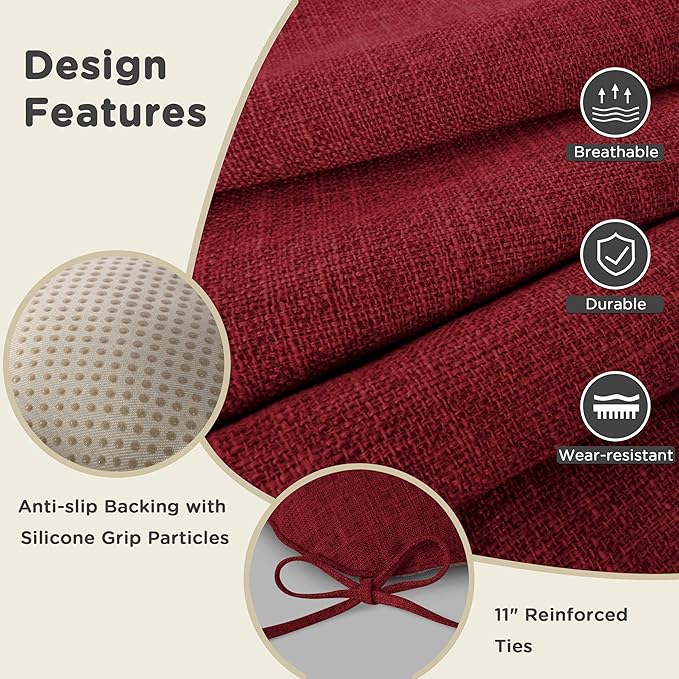 AddGrace Chair Cushions for Dining Chairs Set of 2 Kitchen Seat Cushions with Ties and Non Slip Backing Tufted Indoor Seat Pad for Kitchen Dining Room 18" x 17" x 3" Burgundy