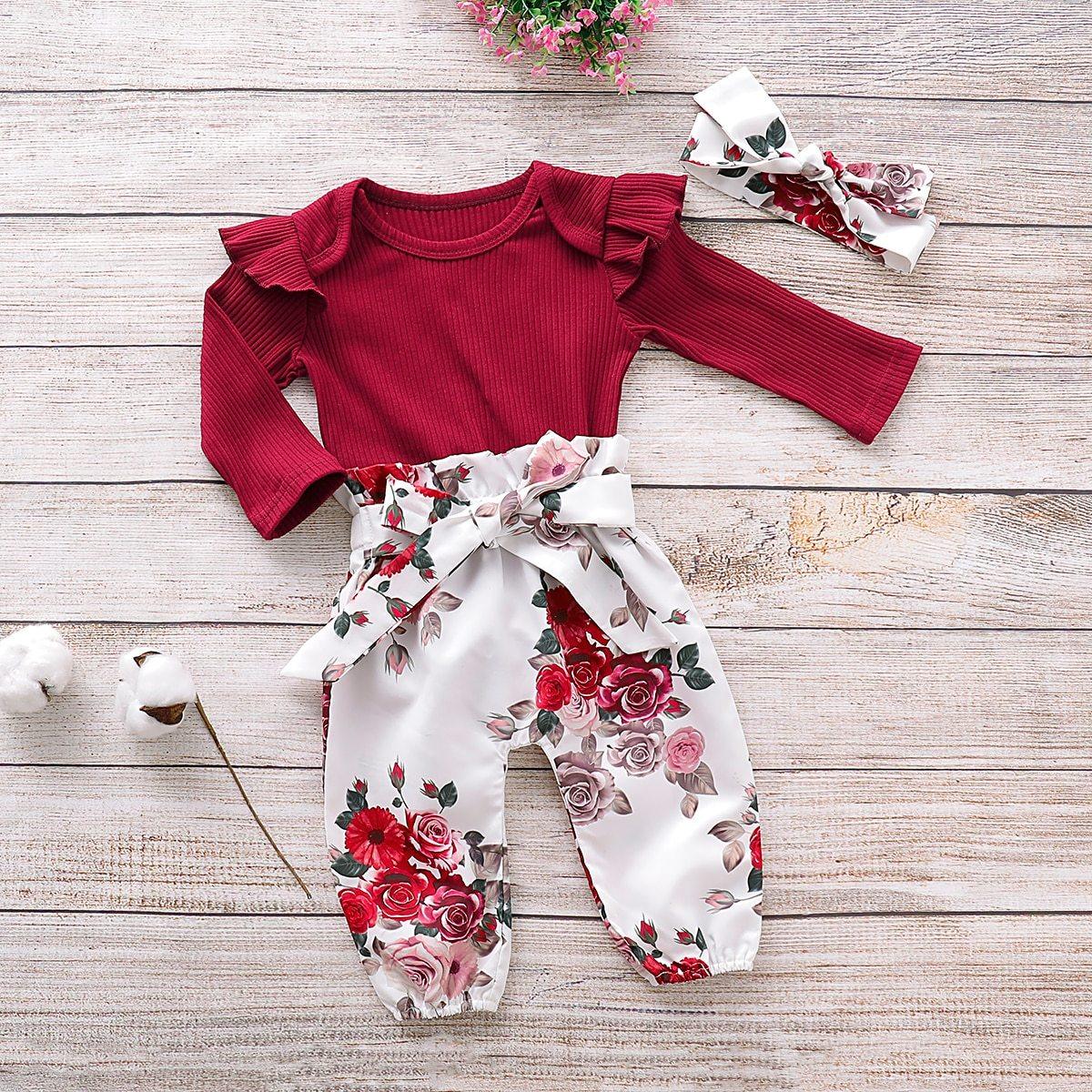 Newborn Baby Girl Clothes Knitting Cotton Long Sleeve Tops Flower Print Long Pants Headband