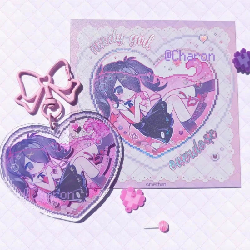 Game NEEDY GIRL OVERDOSE Rain Ame KAnge Cosplay Keychain Acrylic Heart Pendant Keyring Key Chain Bag Accessories Girls Ornament
