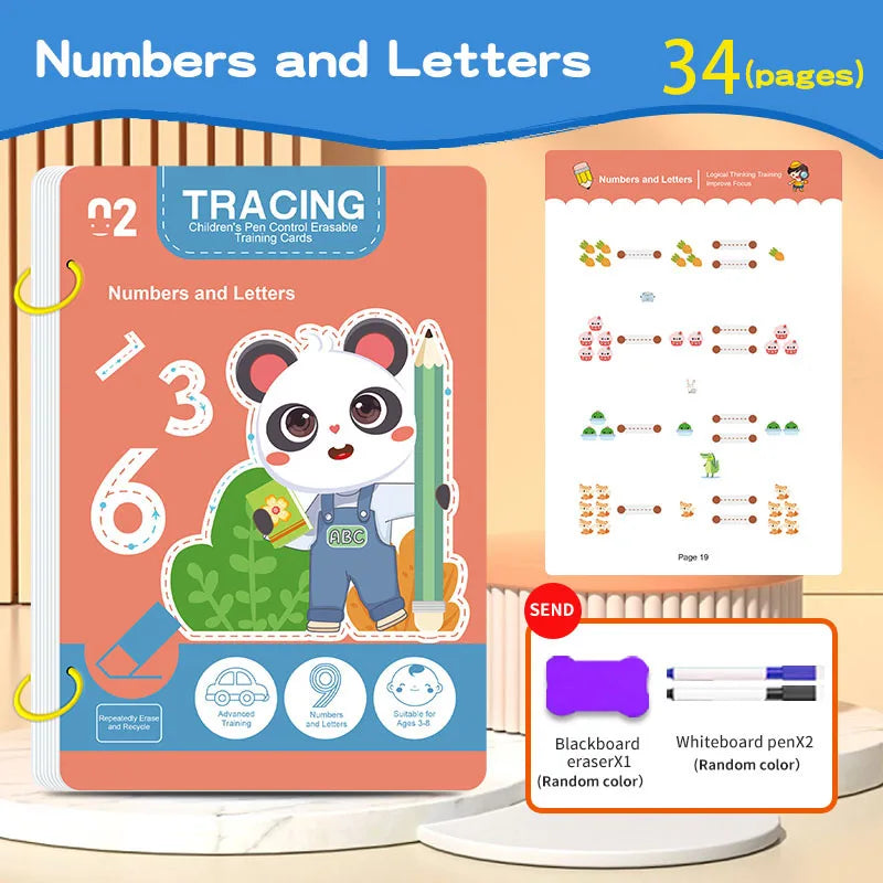 34-Page Children's Reusable Workbook Set with Erasable Pen - Early Learning of Writing and Drawing Skills Development, Educational Books for Pen Control Training, Innovative Learning - Perfect Choice for Christmas and Birthda