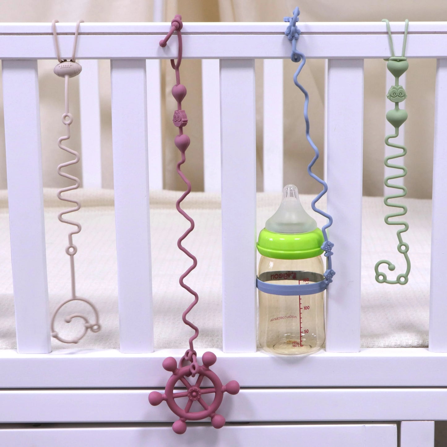 4PCS Adjustable Silicone Pacifier Chain Set | Safe Teether Toys for Baby Crib, High Chair & Gift Set – Beige