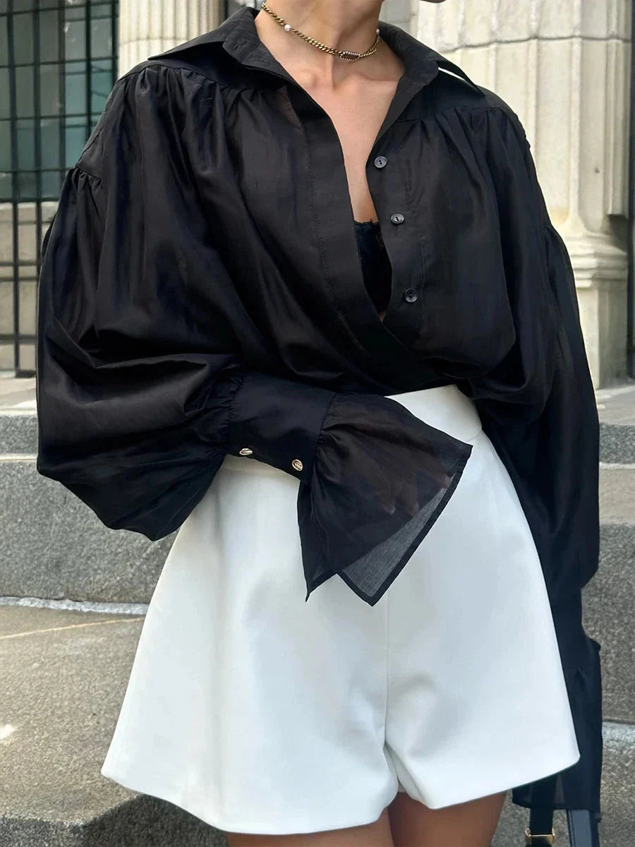 Women’s Autumn Office Shirt – Loose Fit Chiffon Blouse with Flare Sleeves & Turn-Down Collar, Solid Color Long Sleeve Top