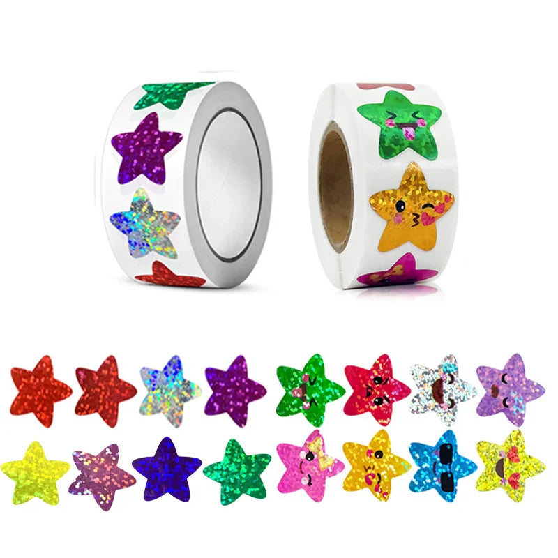 500/1000pcs Colorful Star Adhesive Holographic Star Stickers Zoo Farm Scrapbook Sticker Roll Labels For Kids DIY Gift Toys