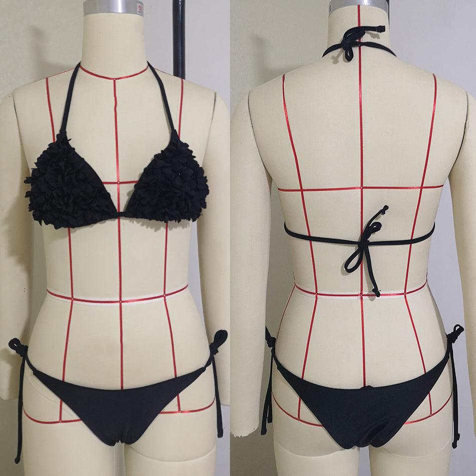 Bikinis New 3D Flower Swimwear Solid Bikini Bandage Swimsuit Women's Solid Halter Padded Push Up Bikini Set Two Pieces Swimsuit Swimwear Bathing Suit Bikini Set Female Cute Ladies Beachwear Push Up Bikini