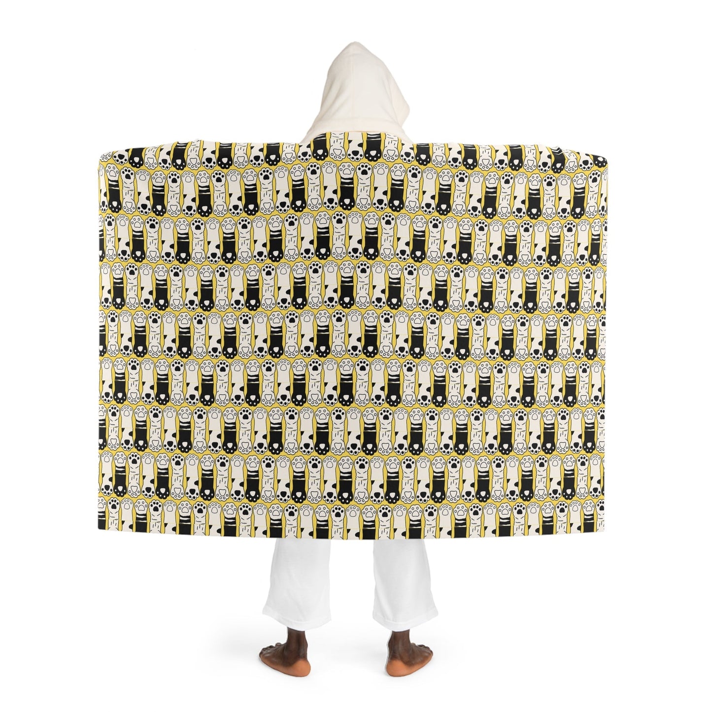 Black & White Paws Hooded Sherpa Blanket | Cozy Cat Paw Wearable Blanket