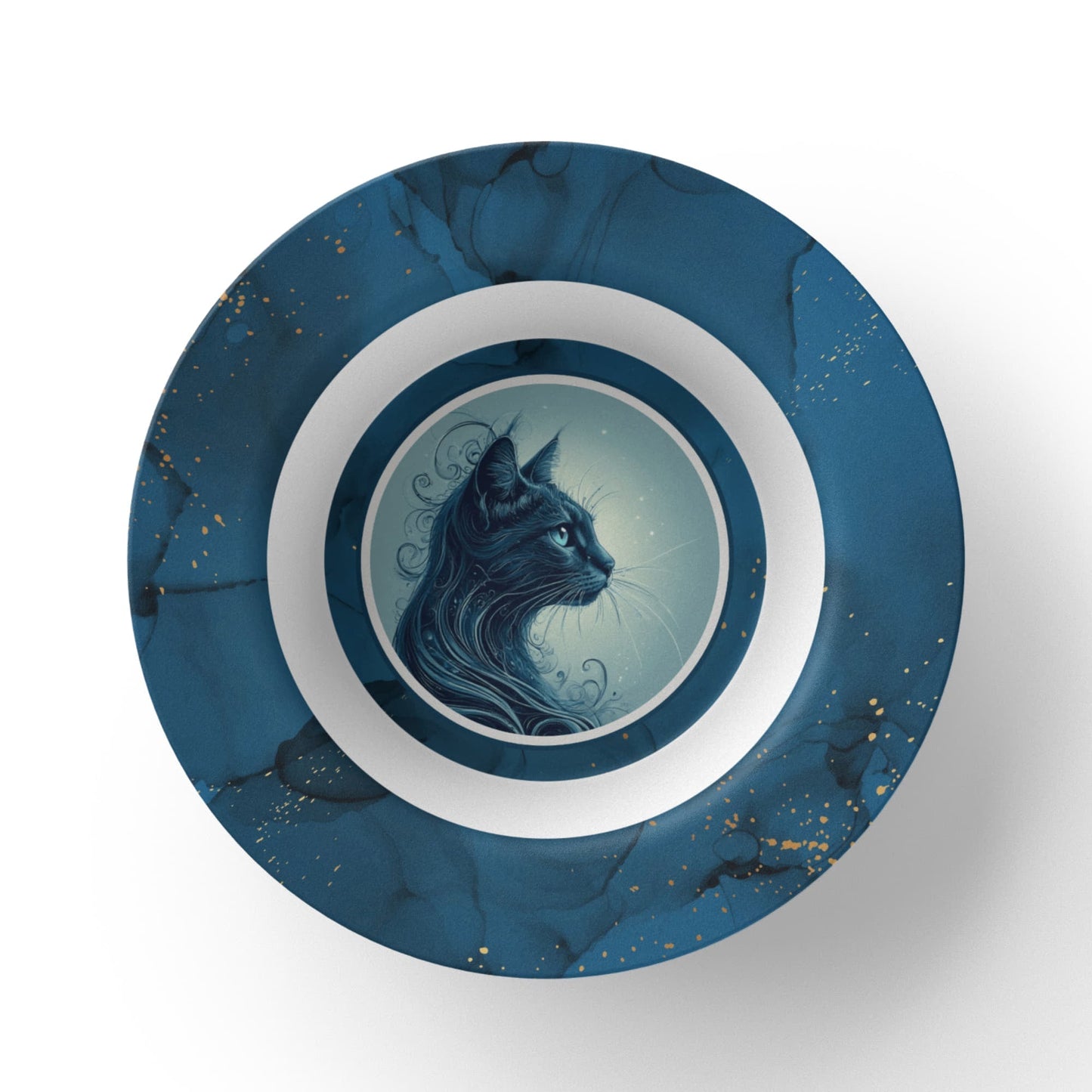 Blue Cat Collectible Bowl with Gold Accents