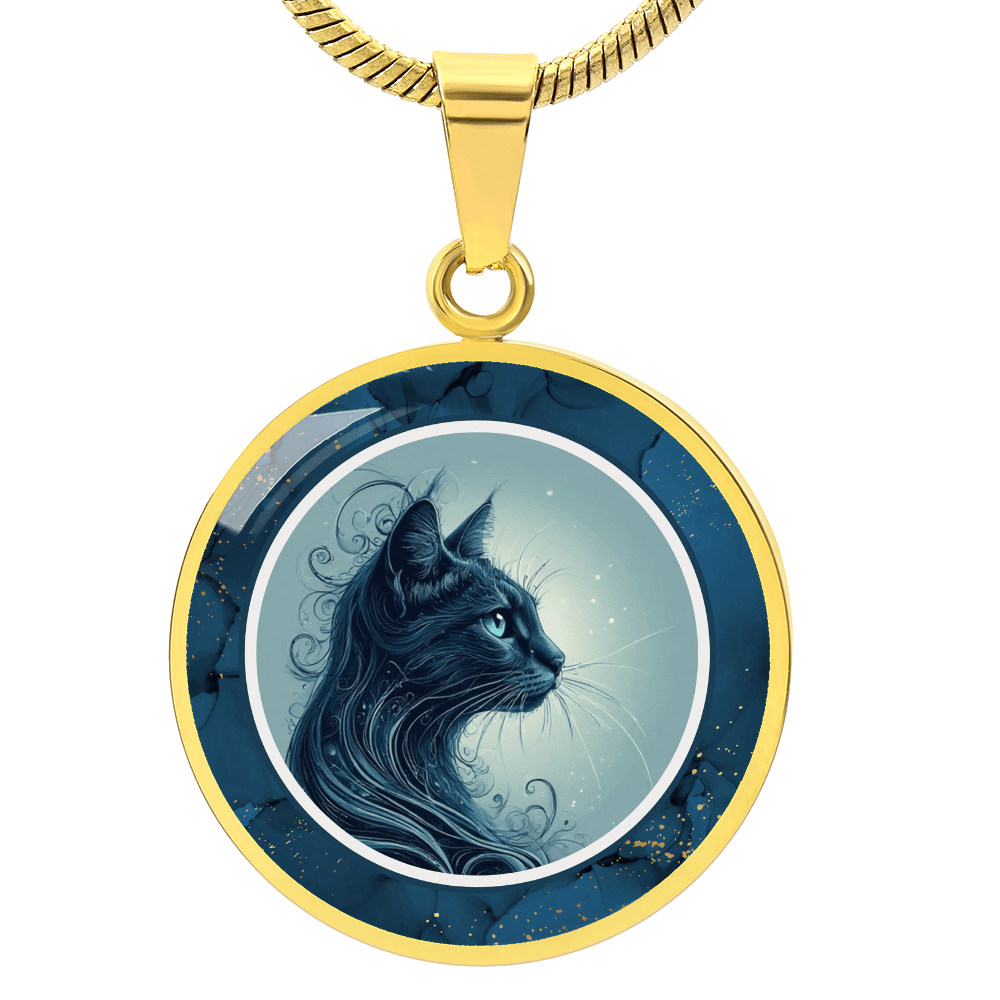Blue Cat Pendant Necklace with Gold Accents