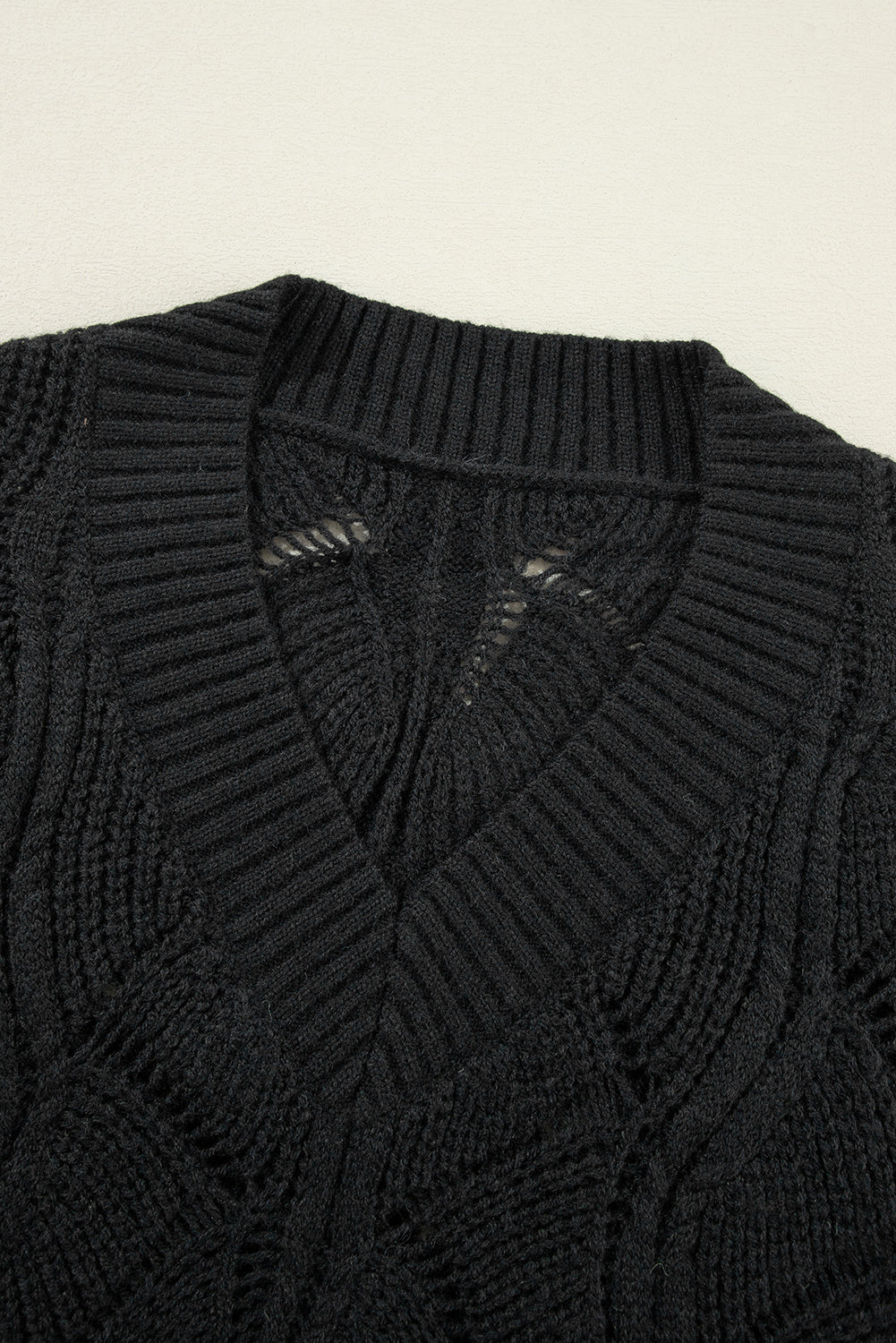 Black Hollow Out Knit V-neck Drop Shoulder Sweater