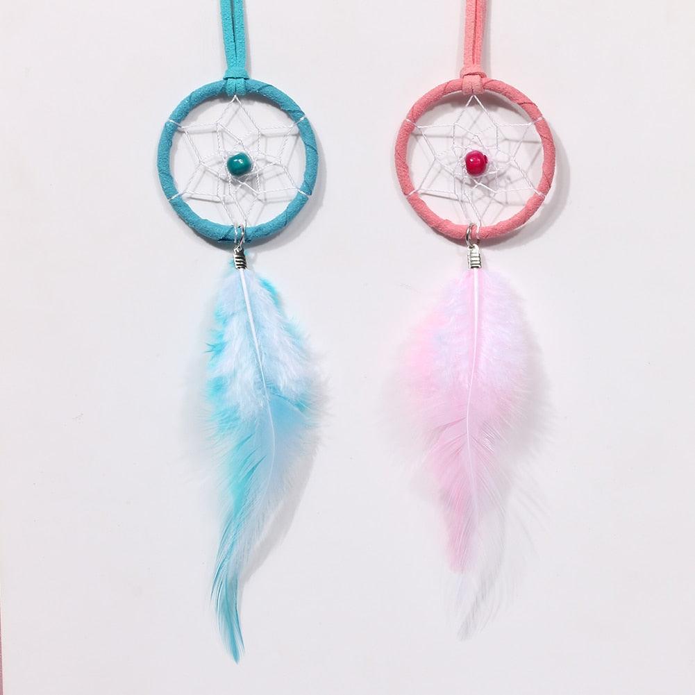 Car Interior Rear-view Mirror Hanging Decor Small Dream Catcher Boho Nature Feather Home Decor Handmade Grids Nature Feather Car Charms Pendant Accessories Gift