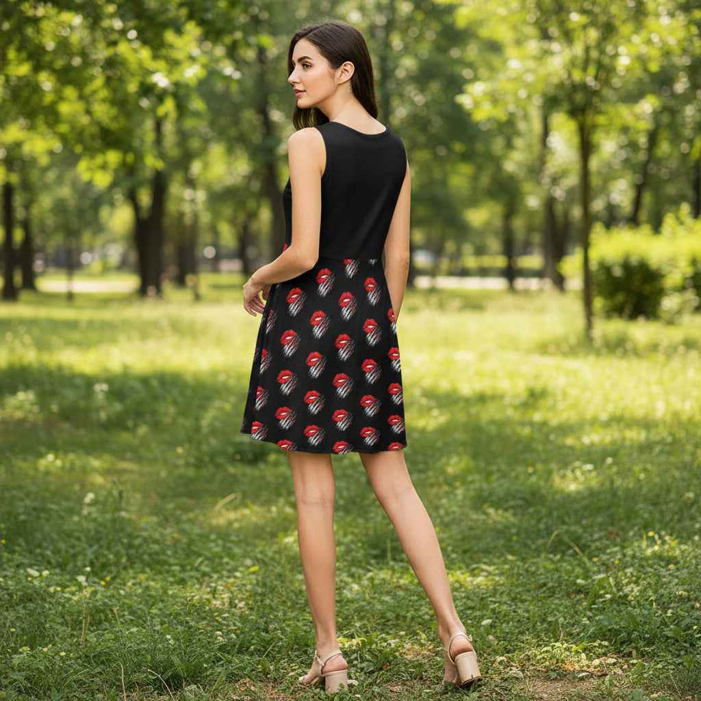 Kiss & Claw Skater Dress – Red Lips & Slash Print A-Line Dress (Unbothered Energy Edition)