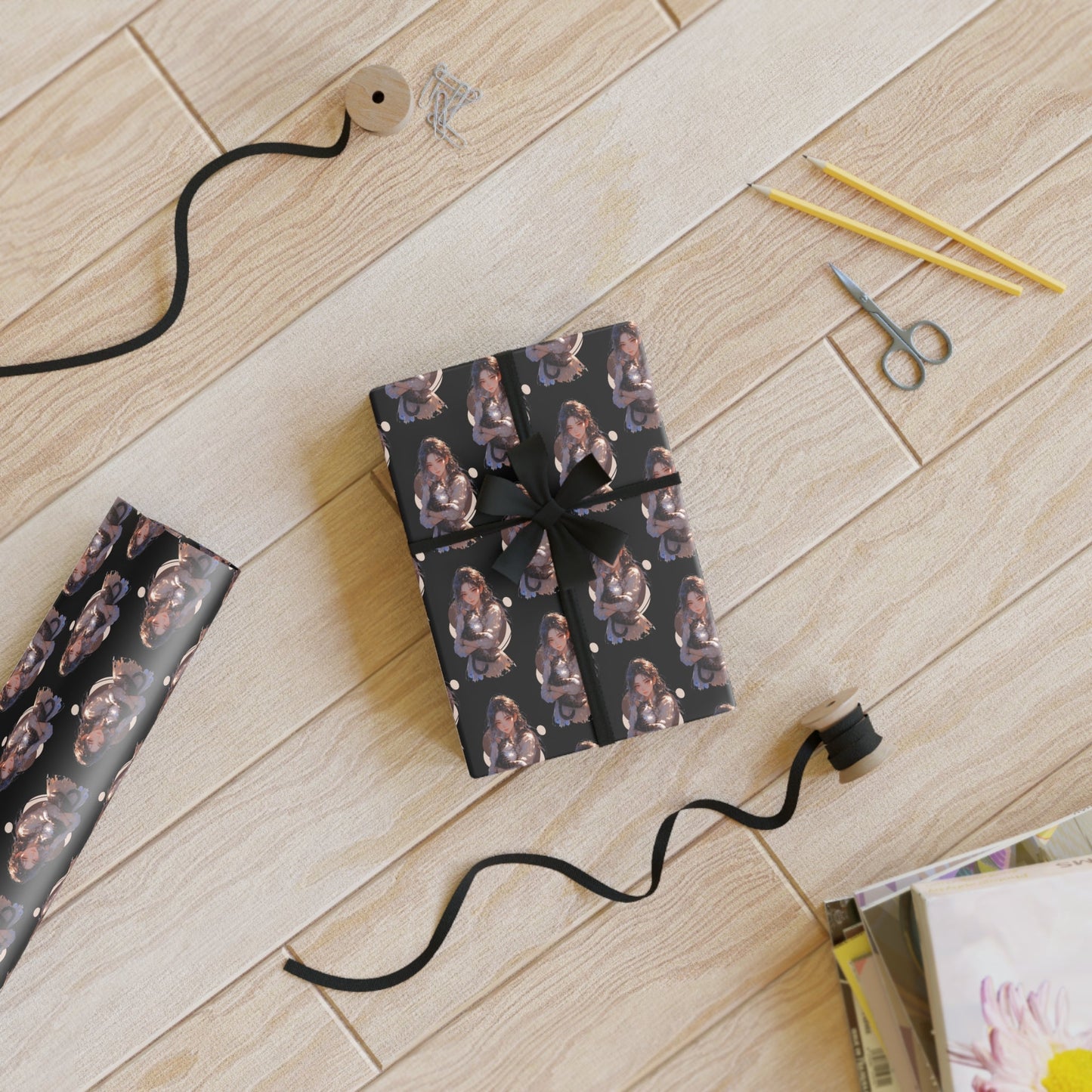 Chic Black Anime Cat Lady Wrapping Paper Roll