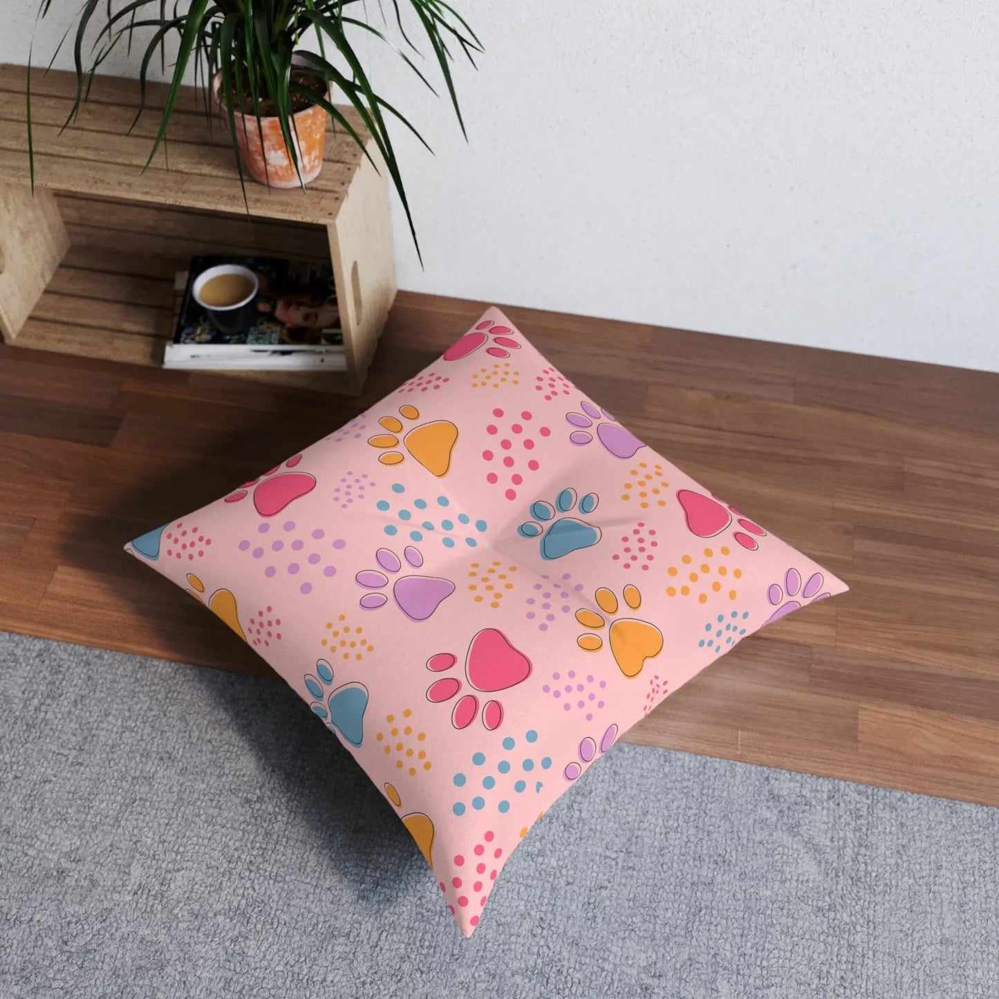 Colorful Pet Paw Print Tufted Floor Pillow