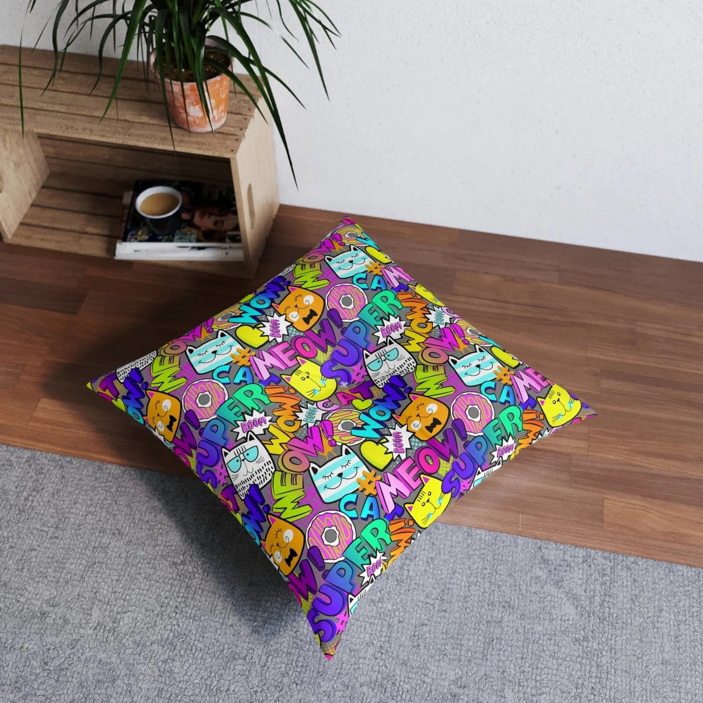 Comical Cat-Themed Tufted Floor Pillow - Perfect for Pet Lovers!