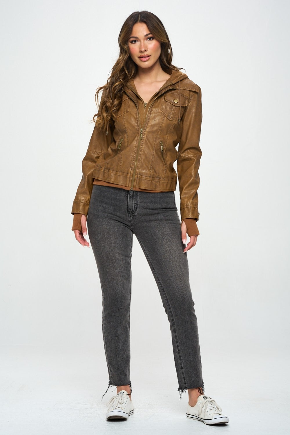 Coalition LA Double Zip Hooded Long Sleeve Vegan Leather Jacket for Women Stylish and Functional Outerwear
