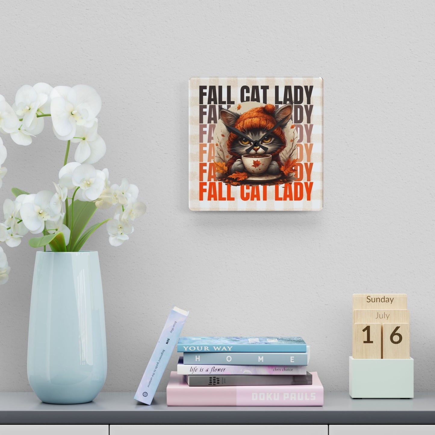 Fall Cat Lady Acrylic Wall Clock
