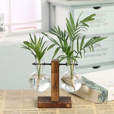 Glass Planter Bulb Vase Transparent Terrarium Hydroponic Vases For Home Garden Office Wedding Decor Wooden Stand Air Planter Bulb Glass Vase Propogation Station for Hydroponics Home Garden Office Decoration