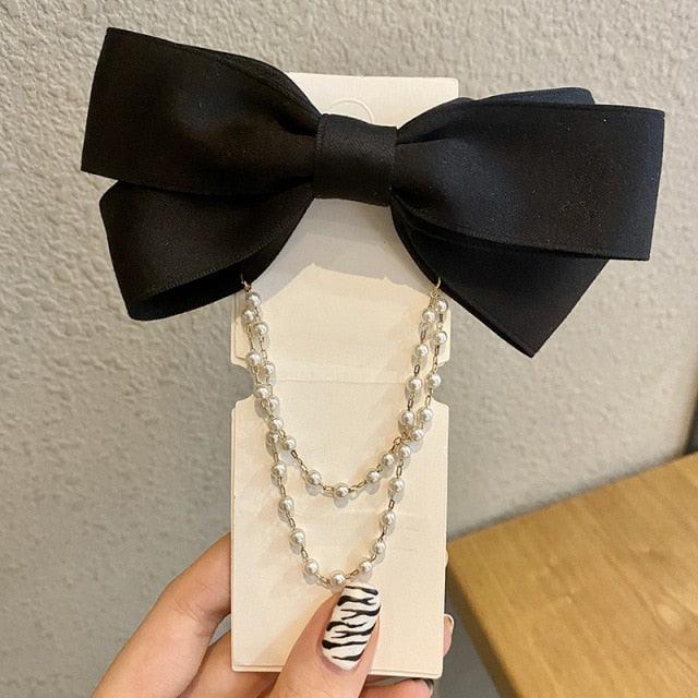 New Bow Pearls Chain Barrettes Hairpins For Women Rhinestone Spring Hair Clips Ribbon Headband Ponytail Headdress Wedding Hair Accessories for Brides and Bridesmaids