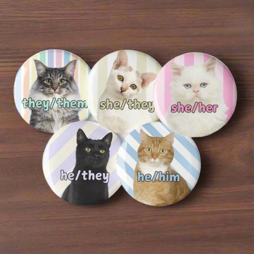 Cat Pronoun Pin Button Set | Funny Inclusive Cat Pins (Set of 5)
