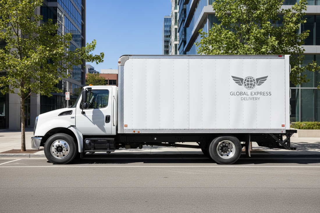 Box truck interior with E-track cargo system, floor liner, and organized shelving for delivery use