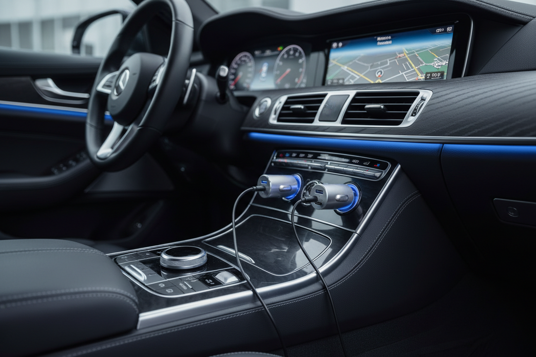 Car charger plugged into 12V socket with smartphone charging