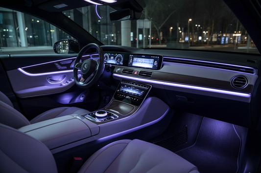 RGB LED strip lights installed under car dashboard creating colorful ambient glow