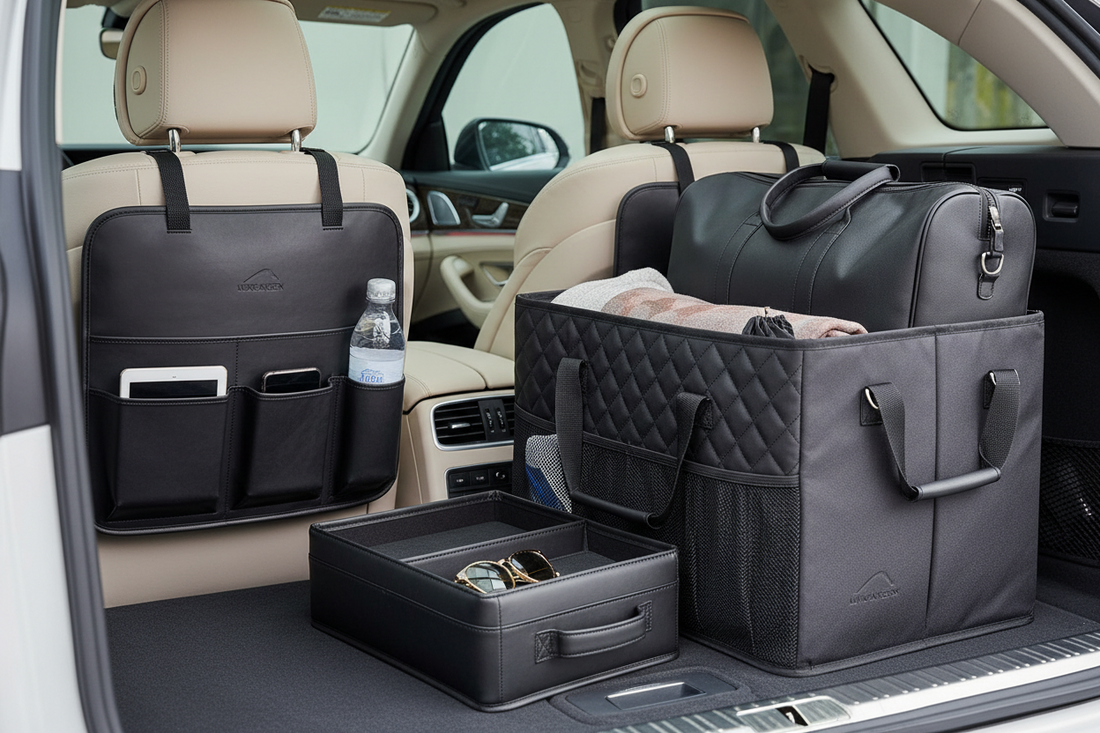 Car trunk organizer with multiple compartments keeping items neatly sorted