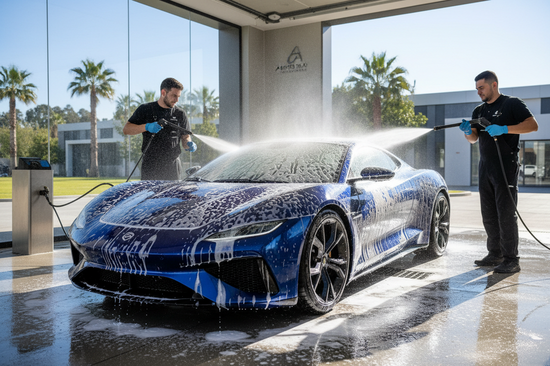 Person washing a car with microfiber mitt and soapy water