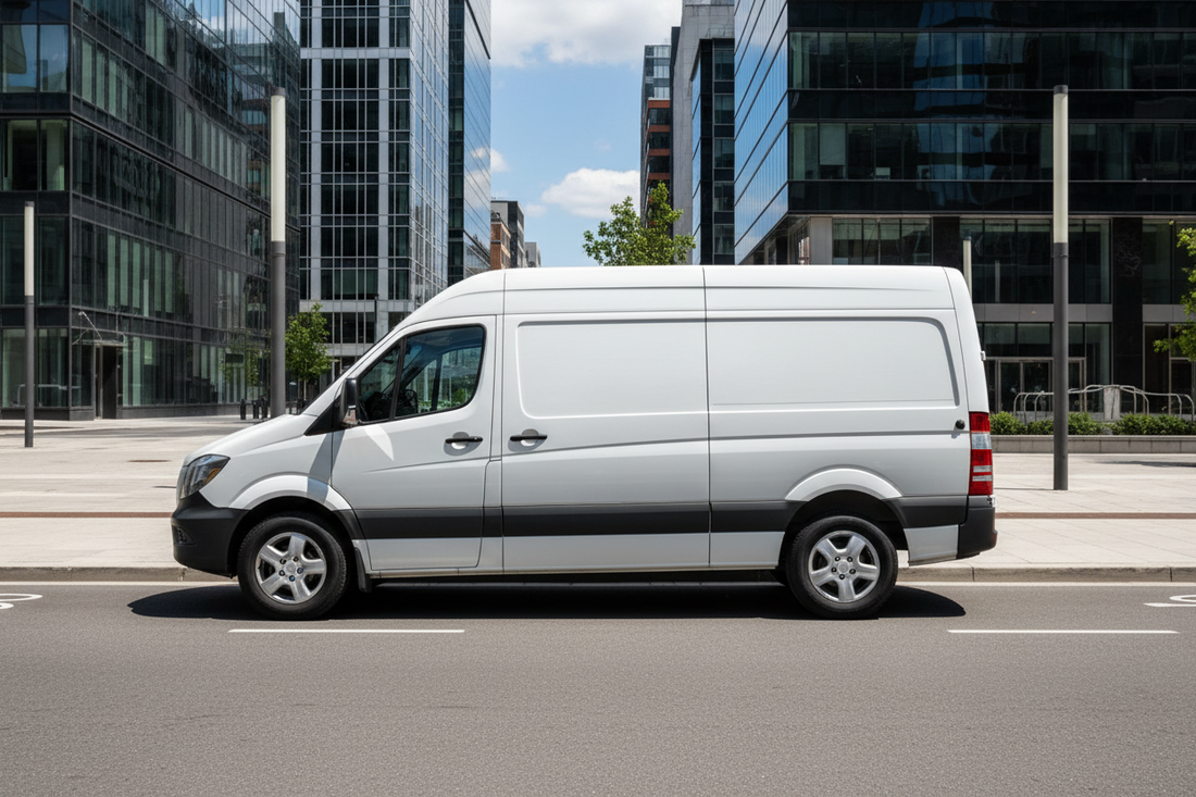 Organized cargo van interior with shelving system, cargo liner, and tools neatly stored