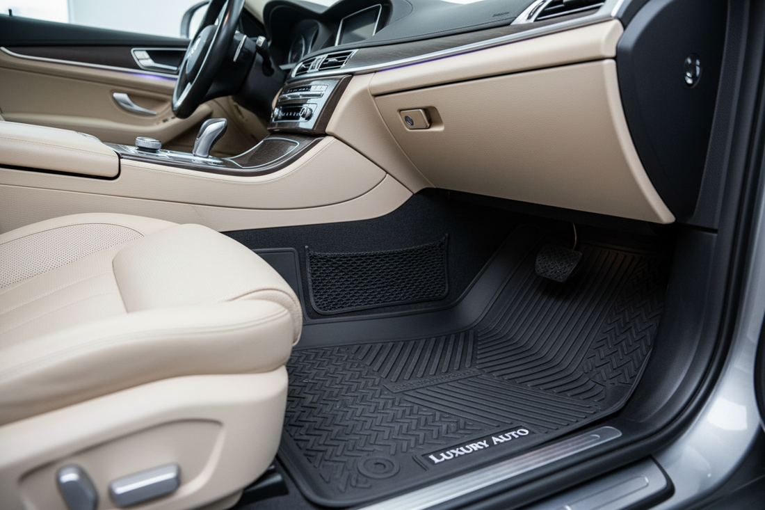 Custom-fit all-weather rubber floor mats installed in car interior
