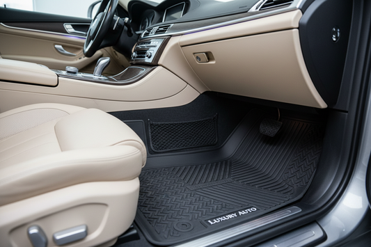 Custom-fit all-weather rubber floor mats installed in car interior