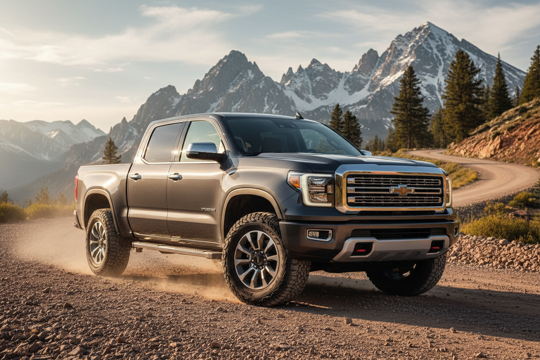 Pickup truck with spray-on bed liner, hard tonneau cover, LED light bar, and running boards