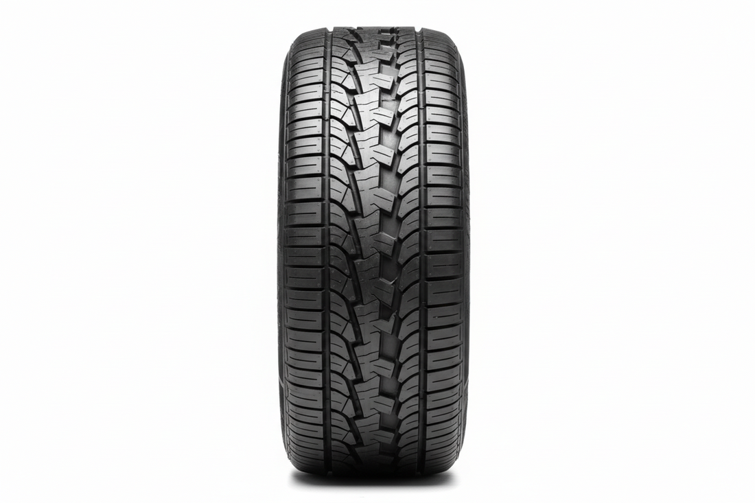 Close-up of car tire tread on wet road