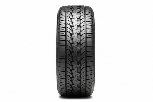 Close-up of car tire tread on wet road