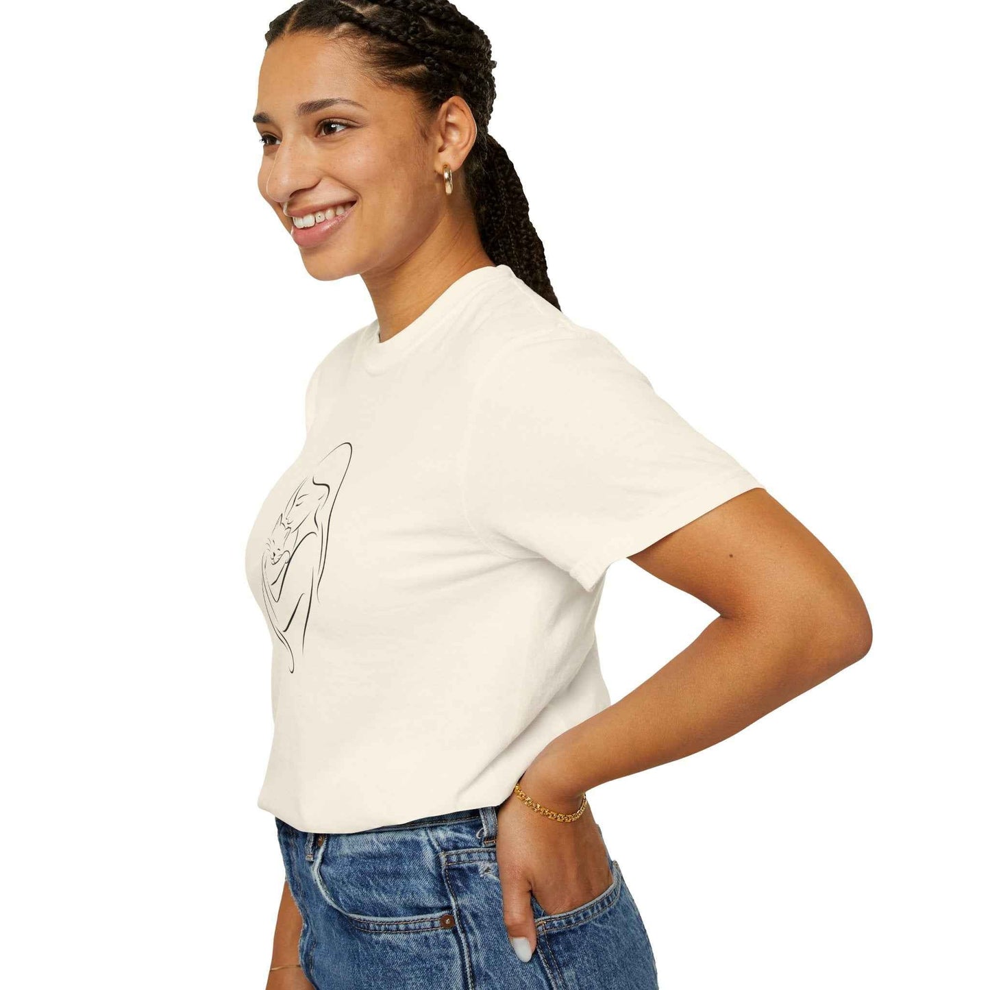 Mother & Cat Embrace T-Shirt | Minimal Line Art Cat Mom Shirt