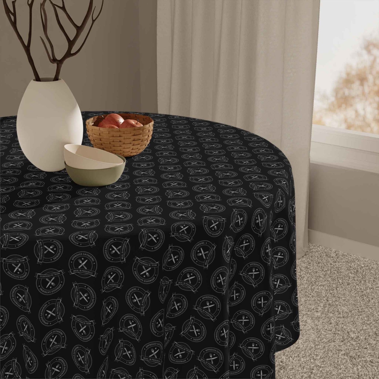 Approved Gathering Tablecloth – “Meal In Progress” Faux Seal Table Cover